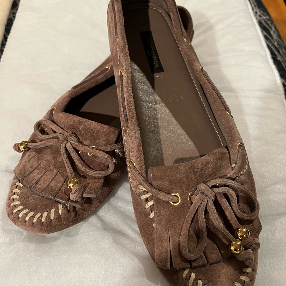 Louis Vuitton Brown and Gold Moccasins with Suede Finish
